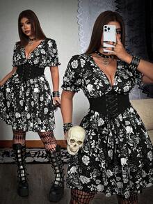 Whyspr Plus Size Dark Style V-Neck Waist-Cinching A-Line Dress - Multicolor - View 1