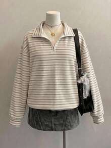 SHEIN EZwear Casual Minimalist Style Faux Washed Texture College Stripe Full Print Pattern Women's Half-Zip Sweatshirt, Suitable For Spring/Summer, College - Multicolor - View 6