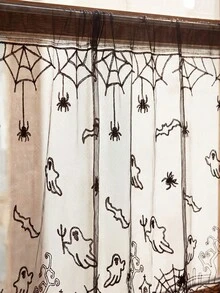 Pack Of 1, Grid Yarn Embroidery Ghost Pattern Small Gauze Curtain, Partition Coffee Curtain, Door Curtain, Halloween Decoration - Black - View 7