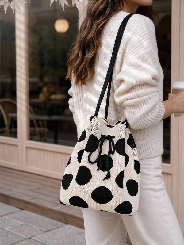 Haus Hana 1 pieza Bolso cubo de punto con cordón y patrón de corazón de 10.24x11.02 pulgadas, bolso bandolera de gran capacidad casual para mujer, bolso de mano de punto suave y lindo para ir al trabajo, escuela, compras, viajes, regalo de vacaciones