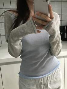 DAZY 女款不對稱肩拼接色塊長袖韓風清新甜美可愛上衣毛衣 - 藍色 - 查看 3