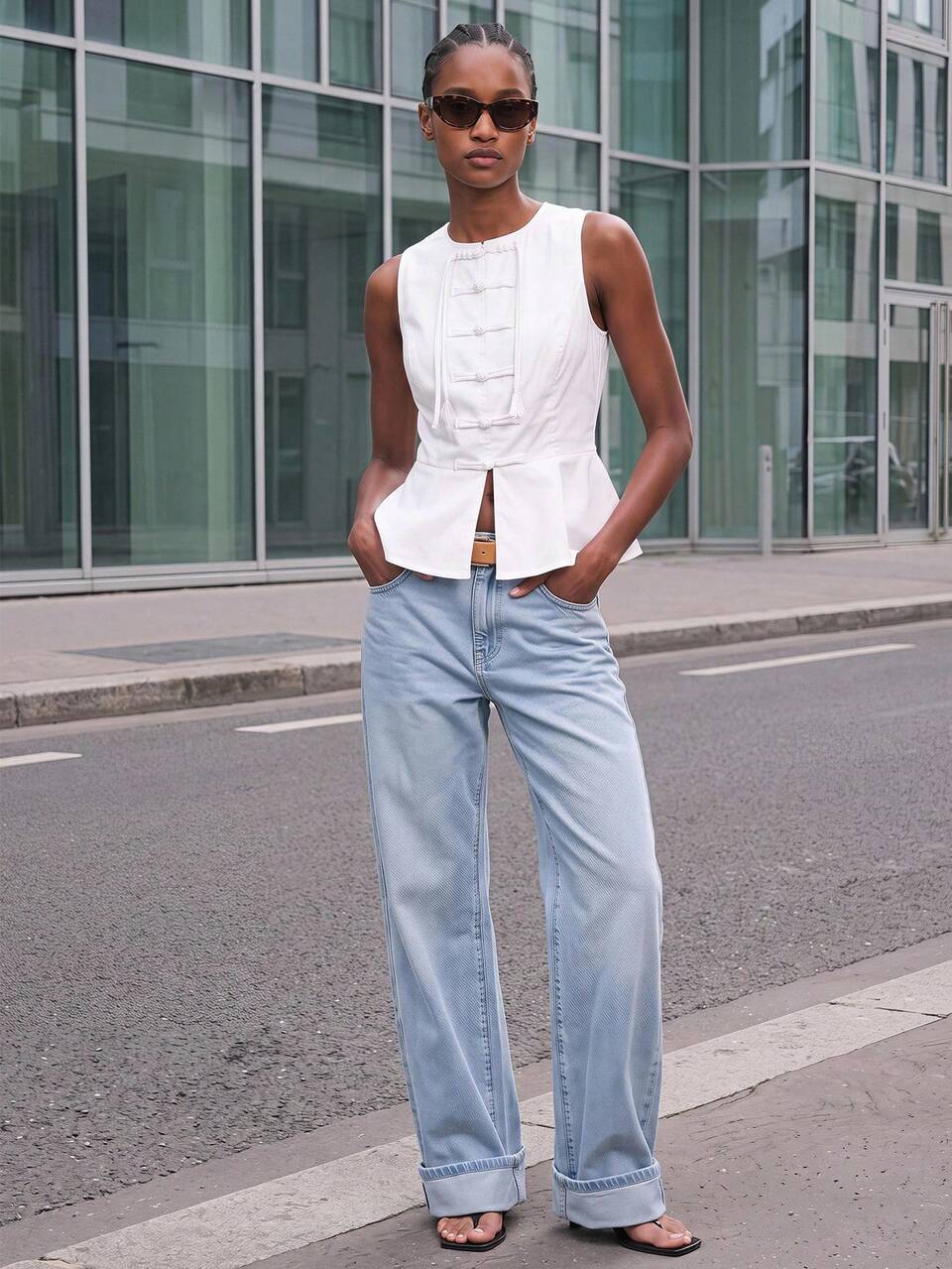 SHEIN Maija Women's Fashion Street Style Elegant Frog Button Ruffle Hem Round Neck Tank Top, Going Out Brunch Party Outfits, Work Outfits, Summer Clothes White