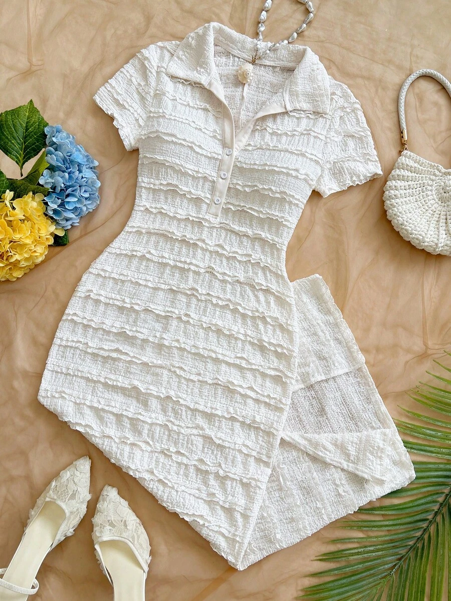 Soleia New Casual Vacation Lapel Short Sleeve Colorblock Striped Dress - Beige - View 1