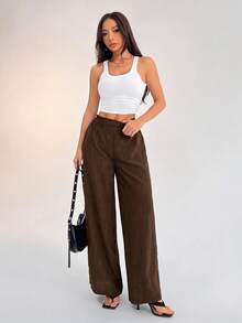 SHEIN PETITE Women's Casual Versatile Commute Wide Leg Pants - Mocha Brown - View 4