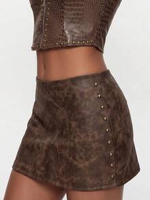 Avantive Women's Sexy Fashion Studded Mini Skirt For Dating Clubbing Night And Vacation Dark Brown Autumn - Brown - View 2