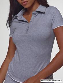 Musera Sport Grey Button Through Collared Contrast Trim Hems Cinched Fitted Active Polo Top Pilates Fitness Daily Casual Everyday Void - Light Grey - View 2