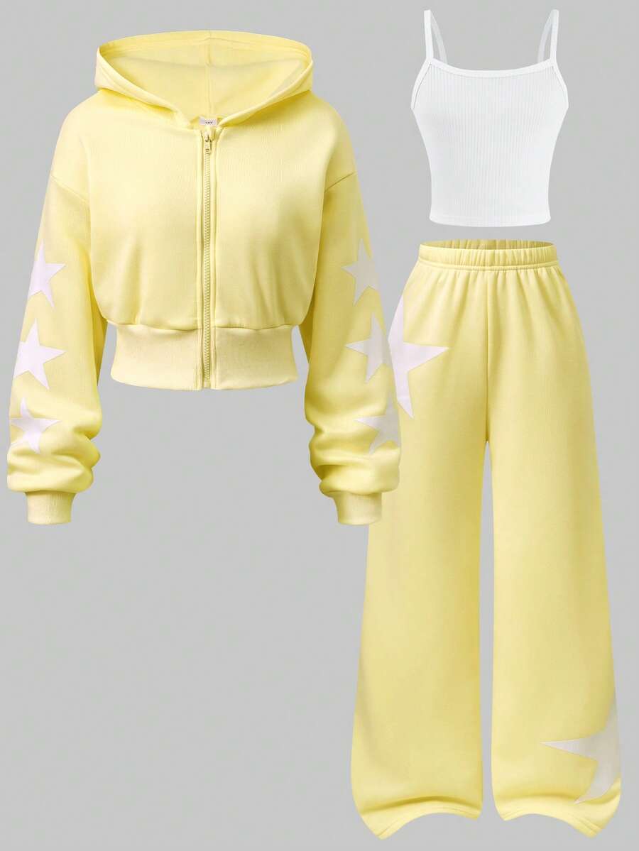 SHEIN 青少年女孩秋冬純色保暖內裡拉鍊連帽衫吊帶背心寬腿褲3件套 假日正式黃色白色休閒寬鬆可愛 - 黃色 - 查看 1