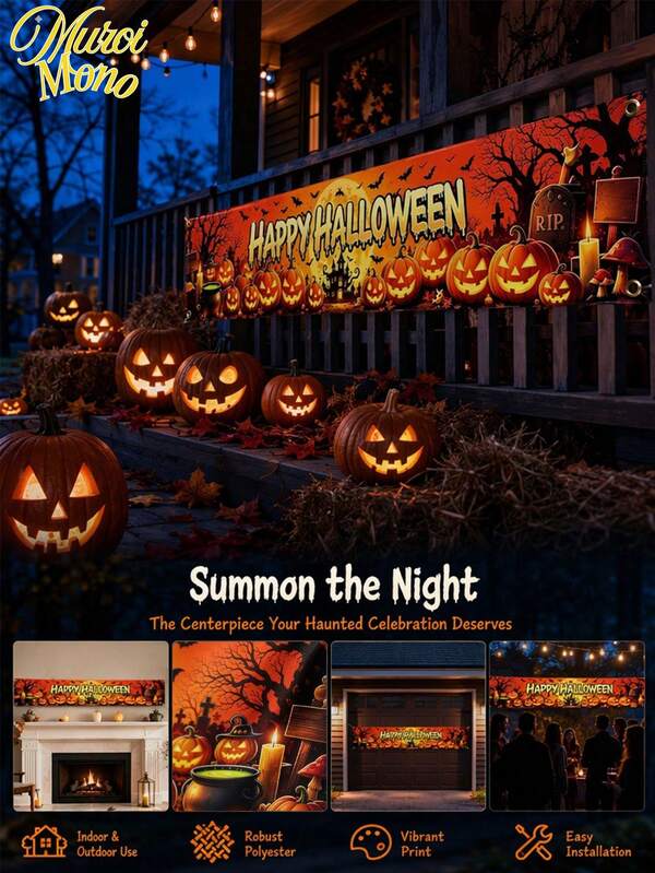 Muroi Mono 1 pieza Pancarta decorativa con temática de Halloween: Noche iluminada por la luna con calabazas, murciélagos y fondo de castillo gótico – Decoración de fiesta "Feliz Halloween" para uso interior/exterior (patio y pared) – Accesorio de fondo fotográfico festivo