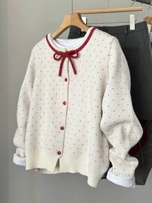 DAZY Girls (Big) Loose Polka Dot Contrast Color Bow Decor Cute Autumn/Winter Sweater Cardigan - Beige - View 2