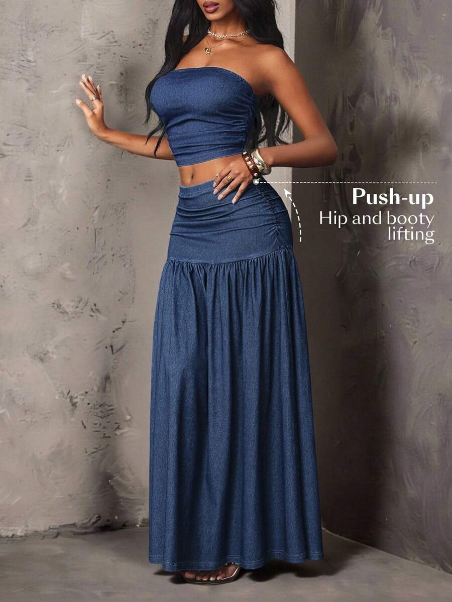 Glamine SHEIN Glamour 女款抓皺抹胸上衣與牛仔裙休閒日常套裝 - 藍色 - 查看 1