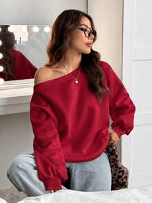 SHEIN EZwear 女款寬鬆不對稱肩領衛衣，內層保暖內裡，酒紅色，秋冬款 - 酒紅色 - 查看 1