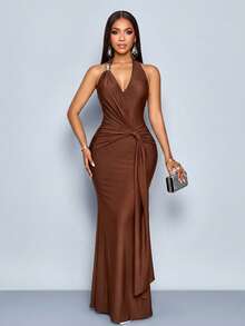 SOLERSUN V-Neck Halter-Neck Strappy Backless Fishtail Maxi Dress With Metal Buckle Embellishments And Flowing Wedding Dinner Coffee Brown Summer Elegant - Brown - View 4