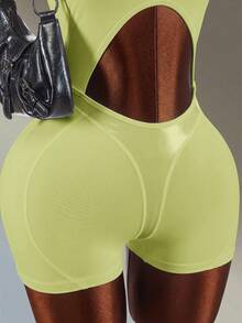 Amplova Solid Color Backless Fitted Sports Romper - Yellow - View 6