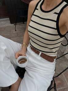 Easowa Women's Sweater Stripe, Summer 90s Retro French Classic Elegant Minimalist Sporty Casual, Work Office Brunch Beige - Multicolor - View 3