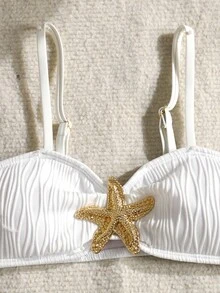 SHEIN 3件套少女纯白色针织泳衣套装，海星纽扣可爱泳衣套装，适合海滩、假日、夏季度假，少女沙滩装 - 白色 - 查看 3