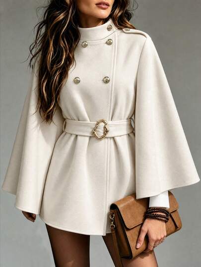 SHEIN Women's Elegant Autumn/Winter Commute & Date Streetwear Cape-Style Batwing Sleeve Apricot Overcoat