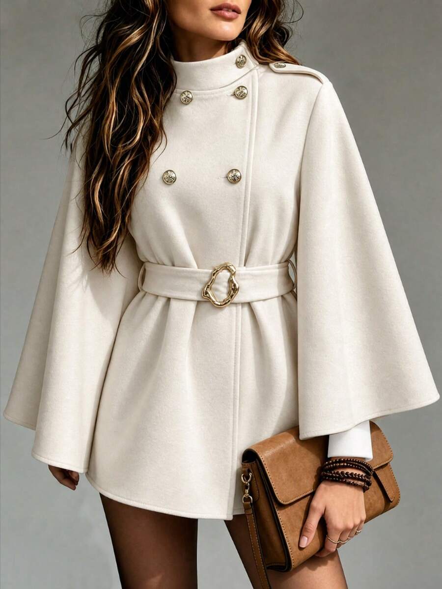 SHEIN Women's Elegant Autumn/Winter Commute & Date Streetwear Cape-Style Batwing Sleeve Apricot Overcoat - Apricot - View 1