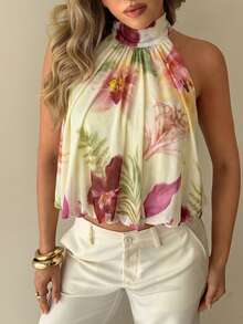 Aloruh Printed Mesh Halter Neck Women's Top - Beige - View 7