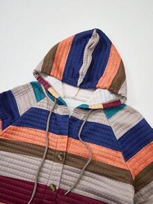Rusticease Plus Size Textured Striped Colorblock Button Half-Zip Hooded Sweatshirt - Multicolor - View 8