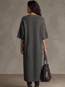 LUMIGAL Women's V-Neck Dropped Shoulder Short Sleeve Loose Asymmetric Slit Hem Mid-Length Sweater - Dark Grey - View 2