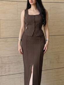 Modelyn Women's Striped Square Neck Single-Breasted Vest And Side Slit Skirt Elegant 2 Pieces Set - Coffee Brown - View 3