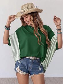 Wildy American Casual Boho Western Country Green And White Striped Patchwork Women's Spring/Summer Daily Vacation Basic Outfit Loose Top T-Shirt For Outing - Green - View 7