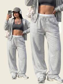 Comfortcana Plus-Size Off-White Casual Knit Sweatpants With Contrast Details And Drawstring – Back-To-School Season - Light Grey - View 8