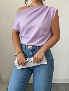 Elenzga Spring Summer Autumn Short Sleeve Asymmetric Shoulder Simple Comfortable Pleated Design Black Plus Size Shirt - Purple - View 4