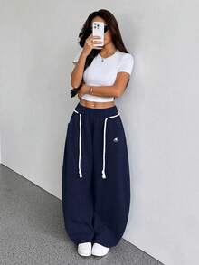 SHEIN PETITE Women's Elastic Waist Star Print Wide Leg Curved Hem Pants - Navy Blue - View 7