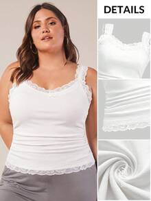 SHEIN BASICS Casual Basic Style Narrow Neck Lace Trim Ribbed Women's Plus Size Regular Vest, White, Sleeveless, Ribbed Texture, Side Pleats. - White - View 9