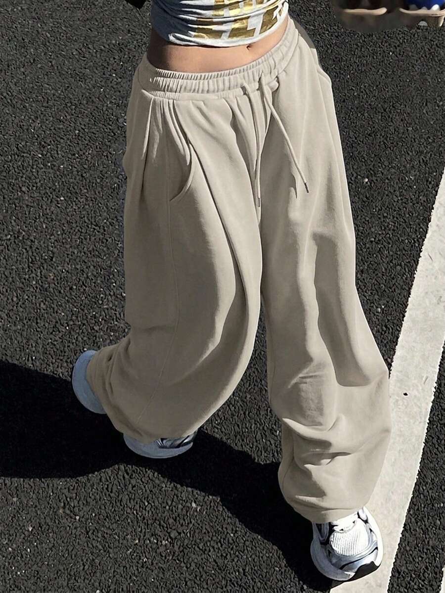 DAZY 純色寬鬆百褶長褲，運動休閒春季女款運動褲 - 灰色 - 查看 1