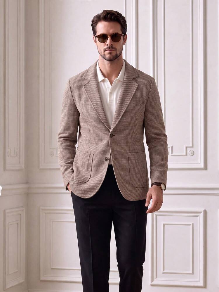 Core Aspect Men's Old Money Style Houndstooth Loose Fit Blazer, Brown Tone Blended Fabric Lapel Pocket Light Business Casual Jacket - Khaki - View 5