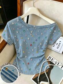 Resyla Retro Sexy Light Blue Rhinestone Pattern, Side Waist Shirring Women's Slim Fit T-Shirt. Night Out Date Night Summer - Multicolor - View 1