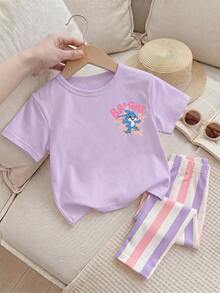 Bộ áo thun tay ngắn cổ tròn dáng rộng và quần legging cho bé gái, phong cách casual tối giản, họa tiết hoạt hình thỏ xanh Lulu & Stitch dễ thương, kẻ sọc, phù hợp xuân/hè, kawaii, đồ họa, thoải mái, phong cách du lịch, màu dopamine, phong cách tiệc tùng - trắng - Xem 2