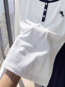 SHEIN EZwear 大尺碼女款馬術印花長袖上衣與長褲休閒日常兩件套 秋季 - 藍白色 - 查看 4