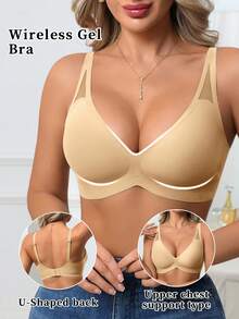 SHEIN 女款無縫無線V領聚攏果凍軟支撐舒適純色網紗鏤空內衣，附模杯，1件裝 - 杏色 - 查看 5
