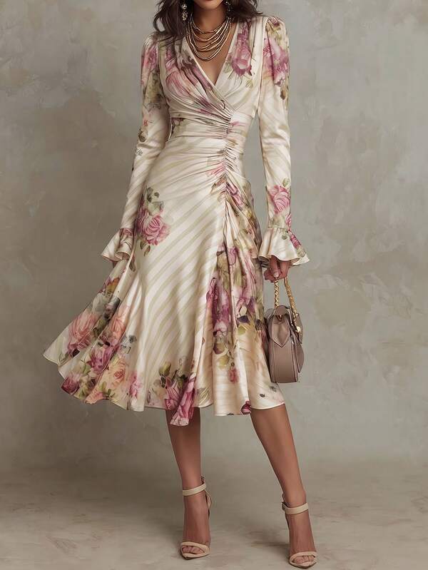 Solivie Women's Floral Print Overlapping V-Neck Ruffle Short Sleeve Elegant Midi Dress Autumn Outfits For Women Elegant Dress Chic Evening Dress