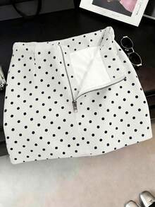 SHEIN Franclia Korean Style Girl Vibe Low Waist A-Line Fashionable Slimming Polka Dot Print Zipper Women's Skirt, Vacation, Outing, Y2K, Spring, Summer, Back To School Season, Casual, Beach, Business, Versatile, Women's Grey Skirt, Women's Polka Dot Bottoms - Black and White - View 5