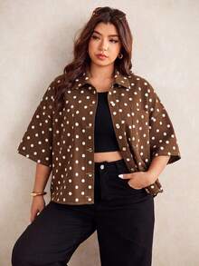 Elaquor Plus Size Polka Dot Print Denim Top - Brown - View 5