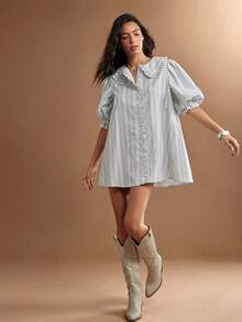 WESTFADE Embroidered Plaid Ruffle Collar Button Front Puff Sleeve Babydoll Mini Dress, Fall, Winter, Autumn, Female Country Look, Cowgirl, Church, Festival - Green - View 5
