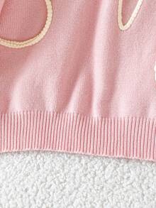 SHEIN 2026秋冬新款 8-12歲女童淺粉色圓領短版針織毛衣，奶油白3D粗繩蝴蝶結刺繡裝飾，落肩寬鬆長袖套頭衫，柔軟甜美內搭上衣，適合上學、出遊、拍照，春秋穿著 - 粉色 - 查看 5