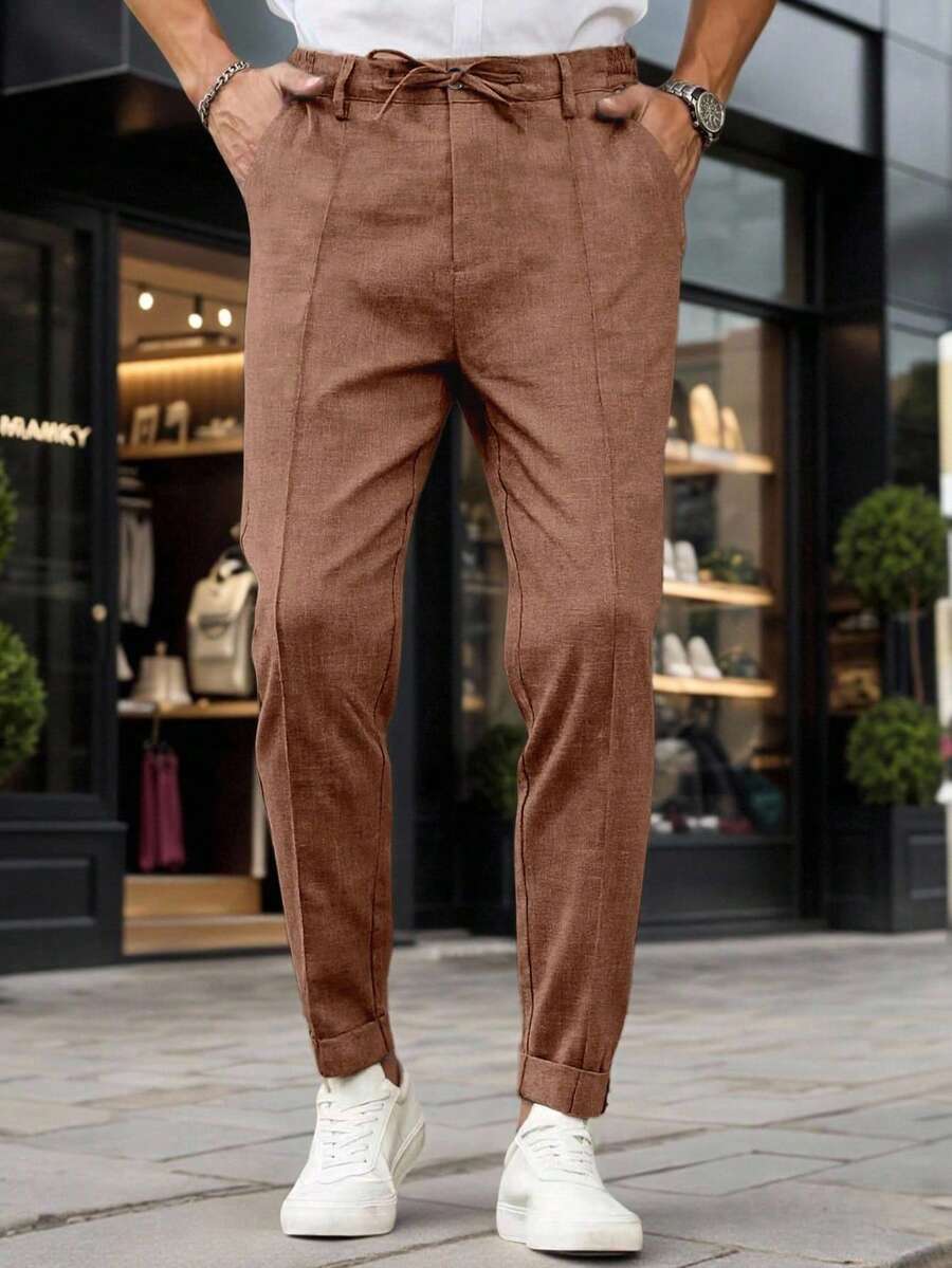 Manfinity Mode Men's Solid Color Casual Versatile Daily Travel Long Pants - Coffee Brown - View 1