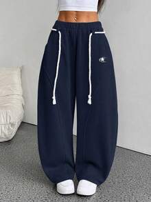 SHEIN PETITE Women's Elastic Waist Star Print Wide Leg Curved Hem Pants - Navy Blue - View 8