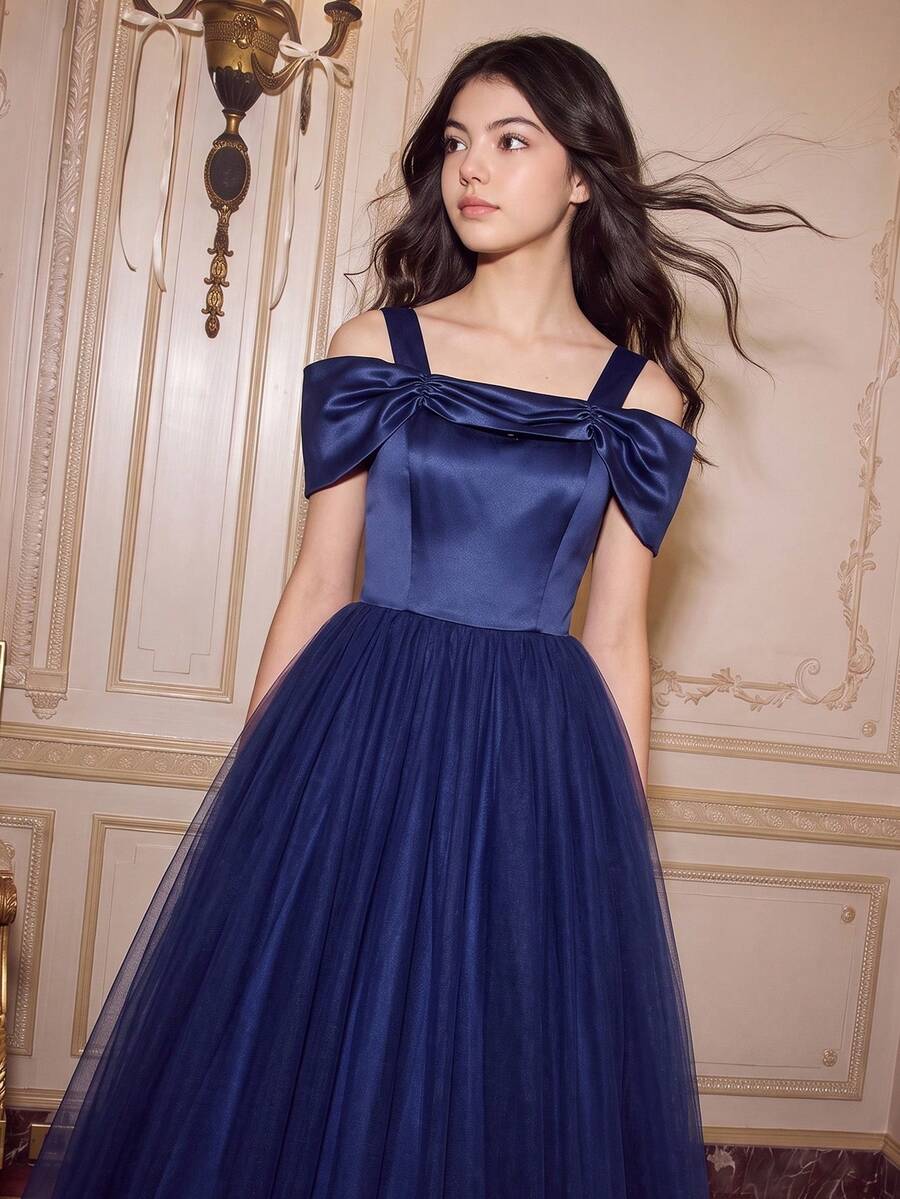 Teen Girl Solid Color Open Shoulder Contrast Mesh Hem Elegant Formal Dress Navy Blue Summer