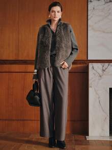 Anewsta Premium Grey Faux Fox Fur Vest, Sleeveless Pocket Plush Elegant Outerwear, Commute & Date Chic Socialite Style - Grey - View 5