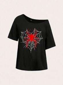 Attitoon 休閒極簡落肩女款 T-shirt，蜘蛛印花圖案，適合夏季 - 黑色 - 查看 3