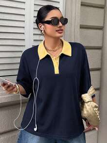 Livesso 對比色拼接寬鬆條紋 Polo 領中袖休閒夏季大尺碼女款 T 恤 - 藏蓝色 - 查看 2