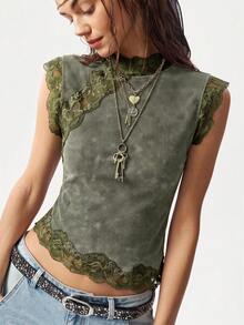 Bohemela Tank Top Rajut Kasual dengan Detail Renda Kontras untuk Wanita - Hijau Tentara - View 5