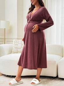 Slowluna Solid Color Raglan Long Sleeve Dress,Autumn Outfit For Women - Burgundy - View 5