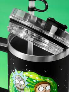 Rick and Morty X SHEIN 1個 40盎司/1200ml 平底不鏽鋼雙層真空保溫杯，杯子+1個吸管組合，適用於冷熱飲品，印有星星圖案，送給朋友的絕佳禮物 - 黑色 - 查看 3